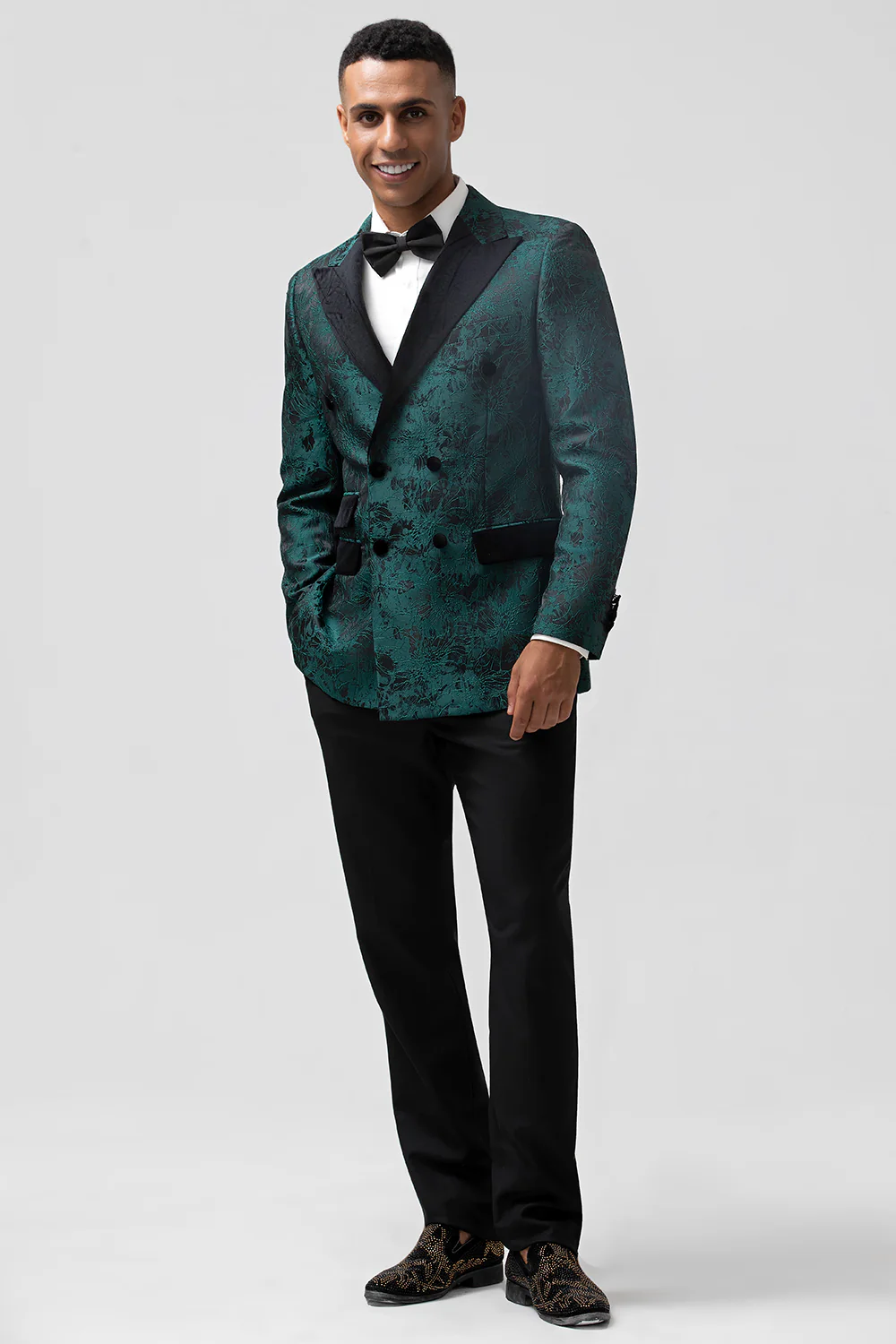 Dark Green Peak Lapel Jacquard 2 Pieces Single Breasted Men's Suits - Image 5