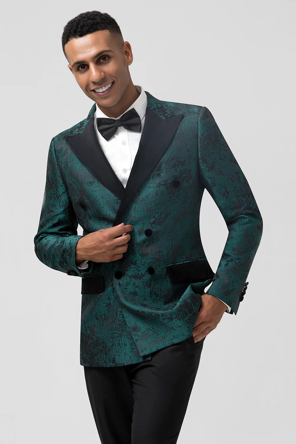 Dark Green Peak Lapel Jacquard 2 Pieces Single Breasted Men's Suits - Image 7