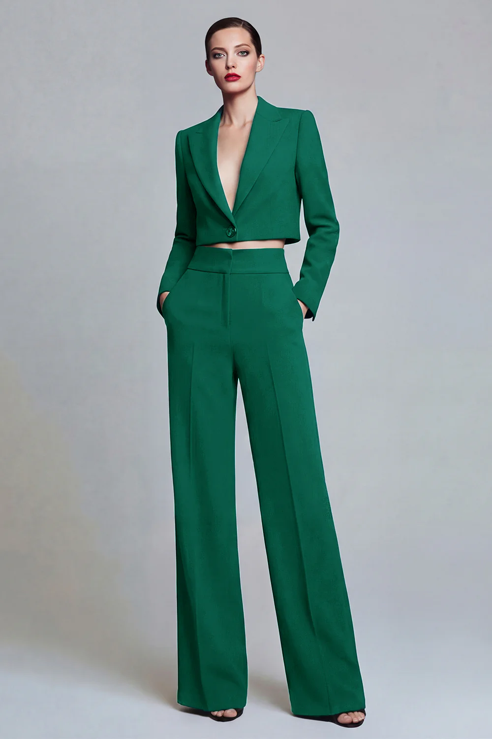 Dark Green Peak Lapel One Button 2-piece Women's Work Suits - Image 13