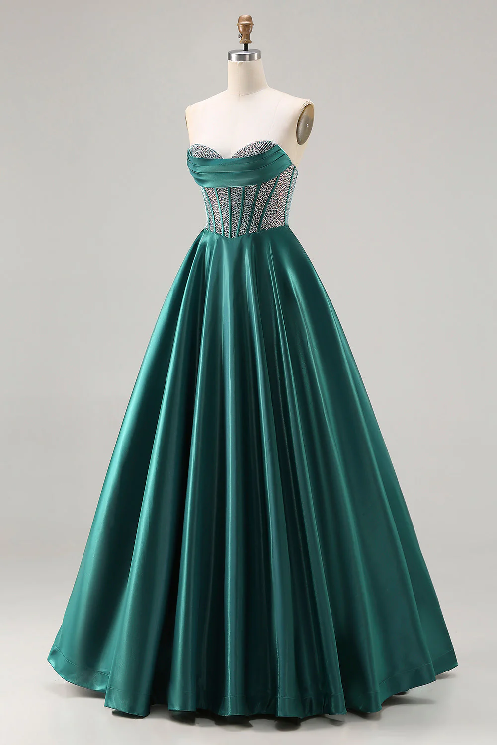 Dark Green Princess Sweetheart Beaded Corset Long Prom Dress - Image 3