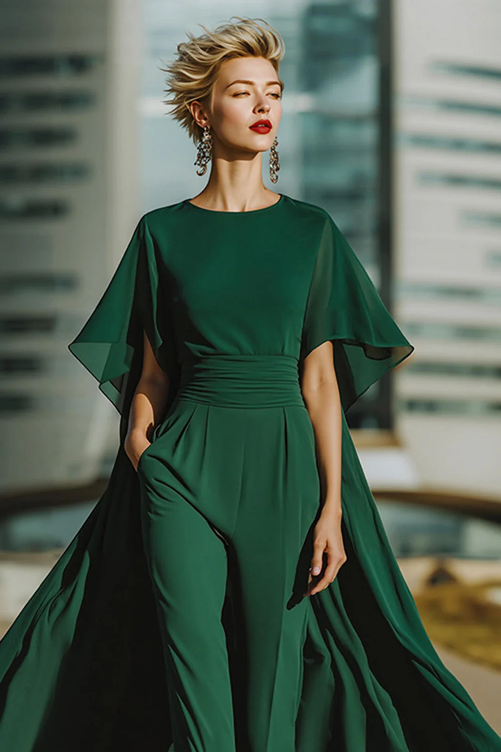 Dark Green Round Neck Long Mother of the Bride Jumpsuits with Pockets - Image 3
