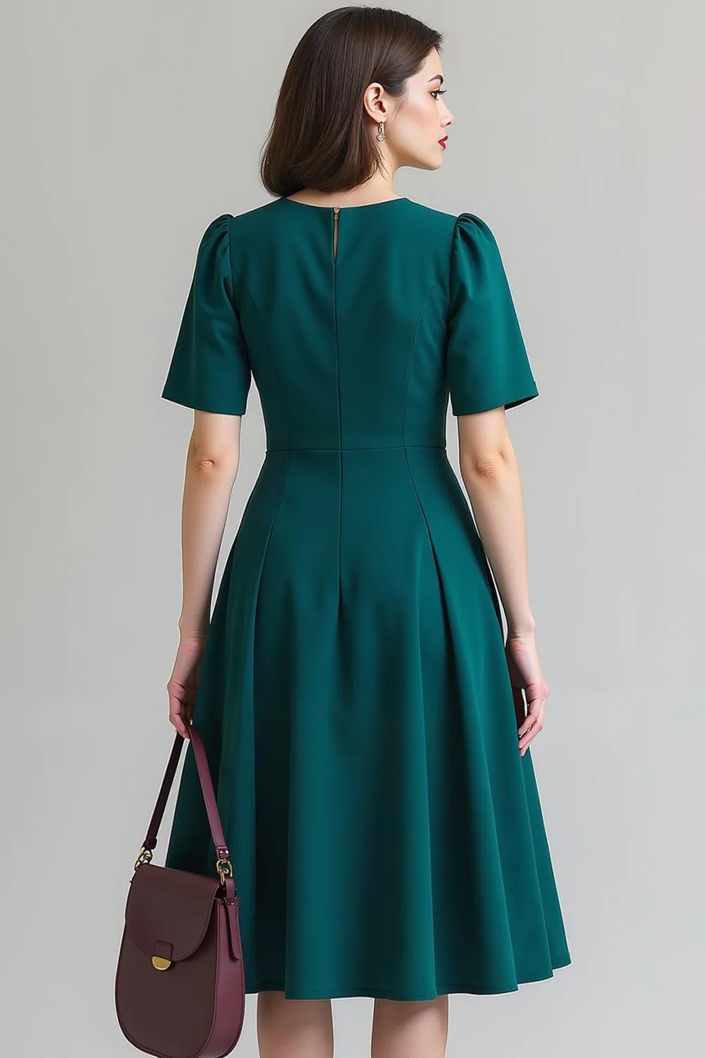 Dark Green Round Neck Short Sleeves A Line Midi Work Dress - Image 2