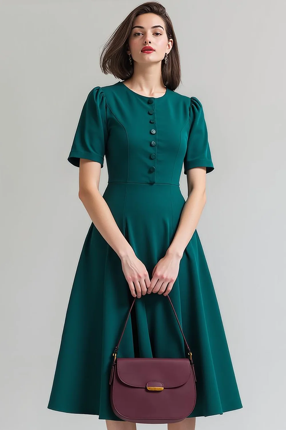 Dark Green Round Neck Short Sleeves A Line Midi Work Dress - Image 3