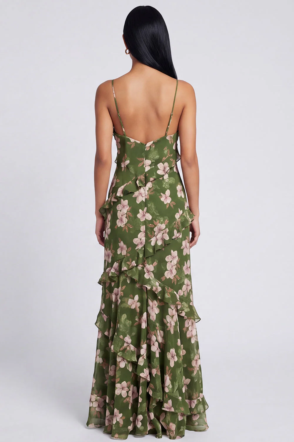 Dark Green Ruffled Sheath Spaghetti Straps Floral Dress - Image 2