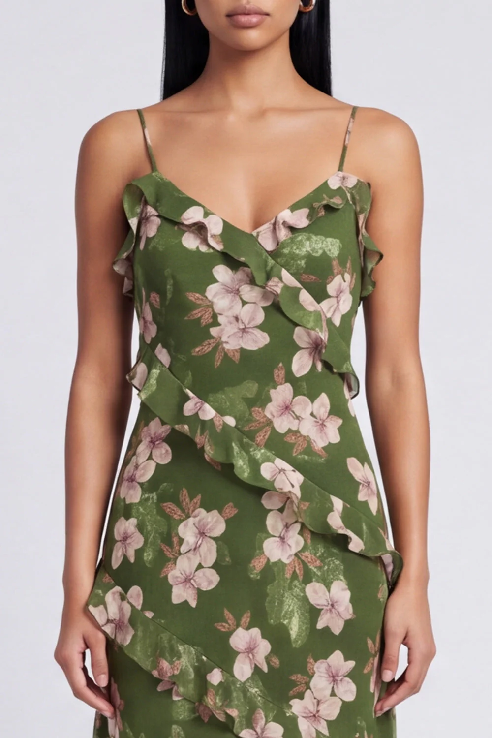 Dark Green Ruffled Sheath Spaghetti Straps Floral Dress - Image 3