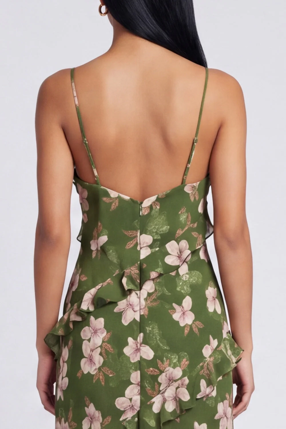 Dark Green Ruffled Sheath Spaghetti Straps Floral Dress - Image 4