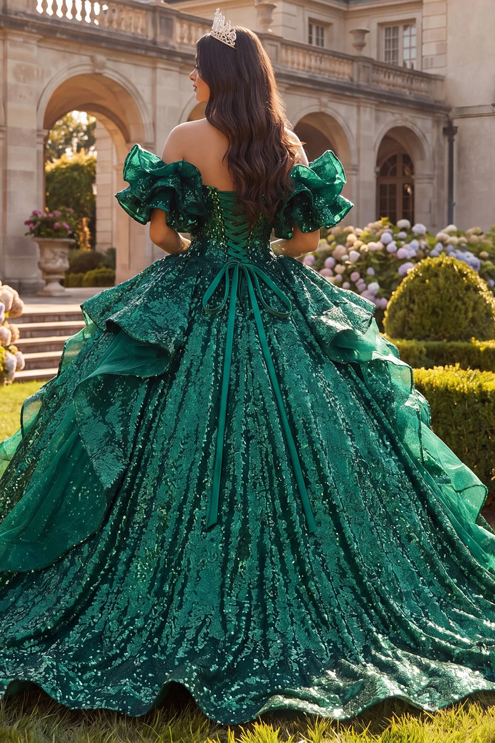 Sparkly Dark Green Off the Shoulder Ruffled Ball Gown Quinceanera Dress - Image 2