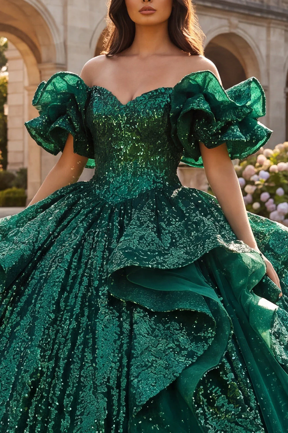 Sparkly Dark Green Off the Shoulder Ruffled Ball Gown Quinceanera Dress - Image 3