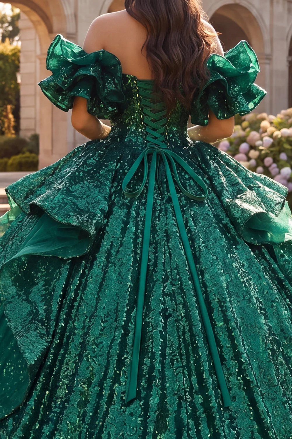 Sparkly Dark Green Off the Shoulder Ruffled Ball Gown Quinceanera Dress - Image 4