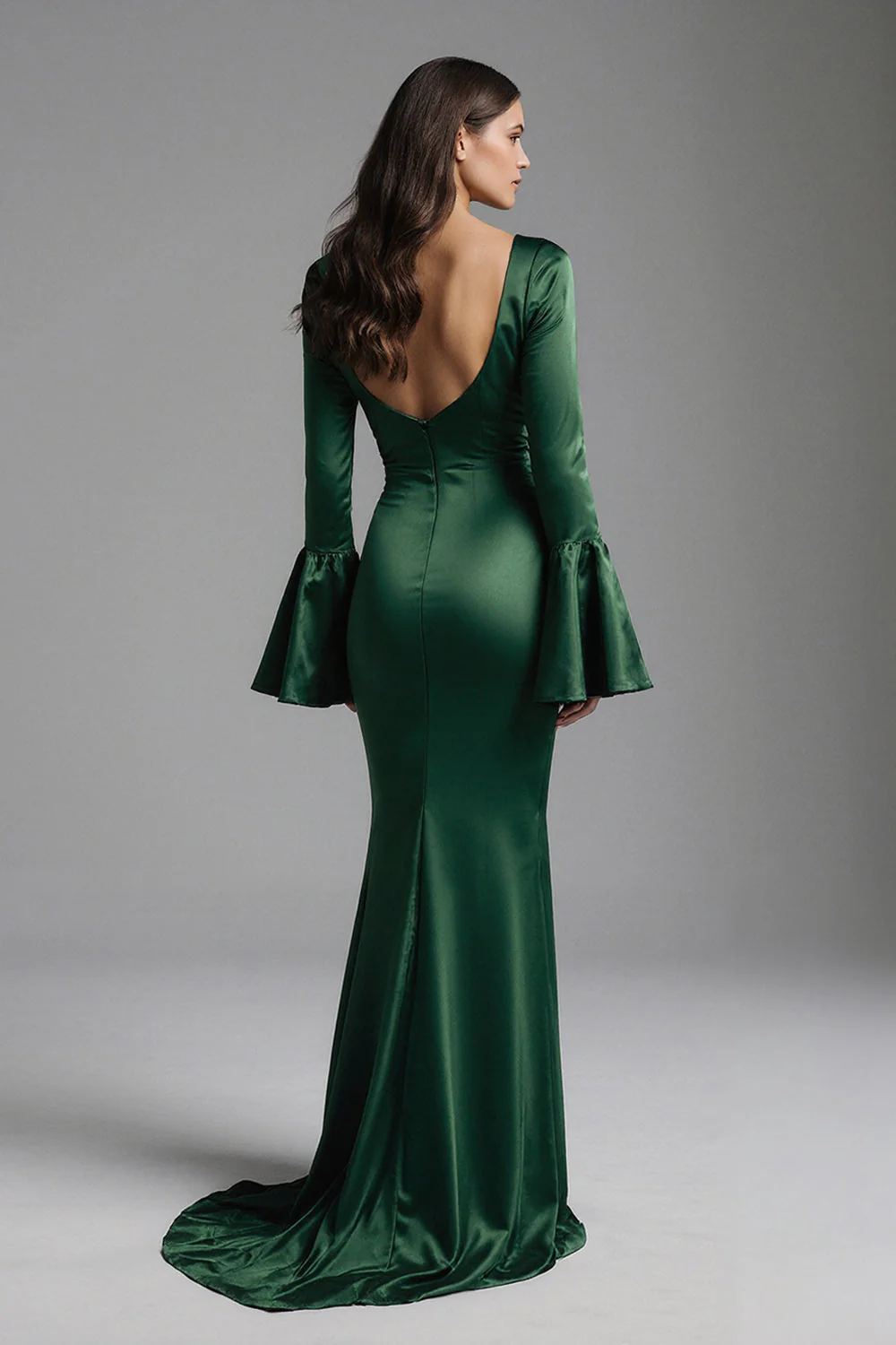 Dark Green Satin Bateau Neck Sheath Long Evening Dress - Image 2