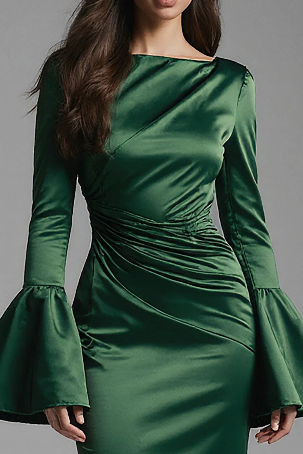 Dark Green Satin Bateau Neck Sheath Long Evening Dress - Image 3