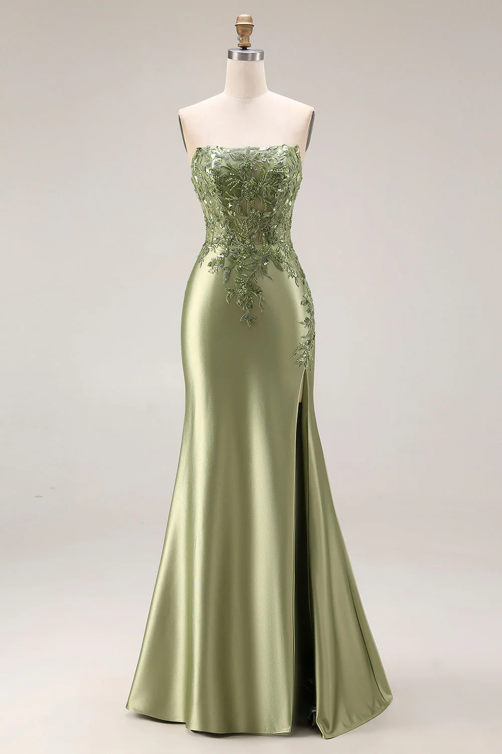 Dark Green Strapless Mermaid Long Satin Prom Dress with Slit - Image 13