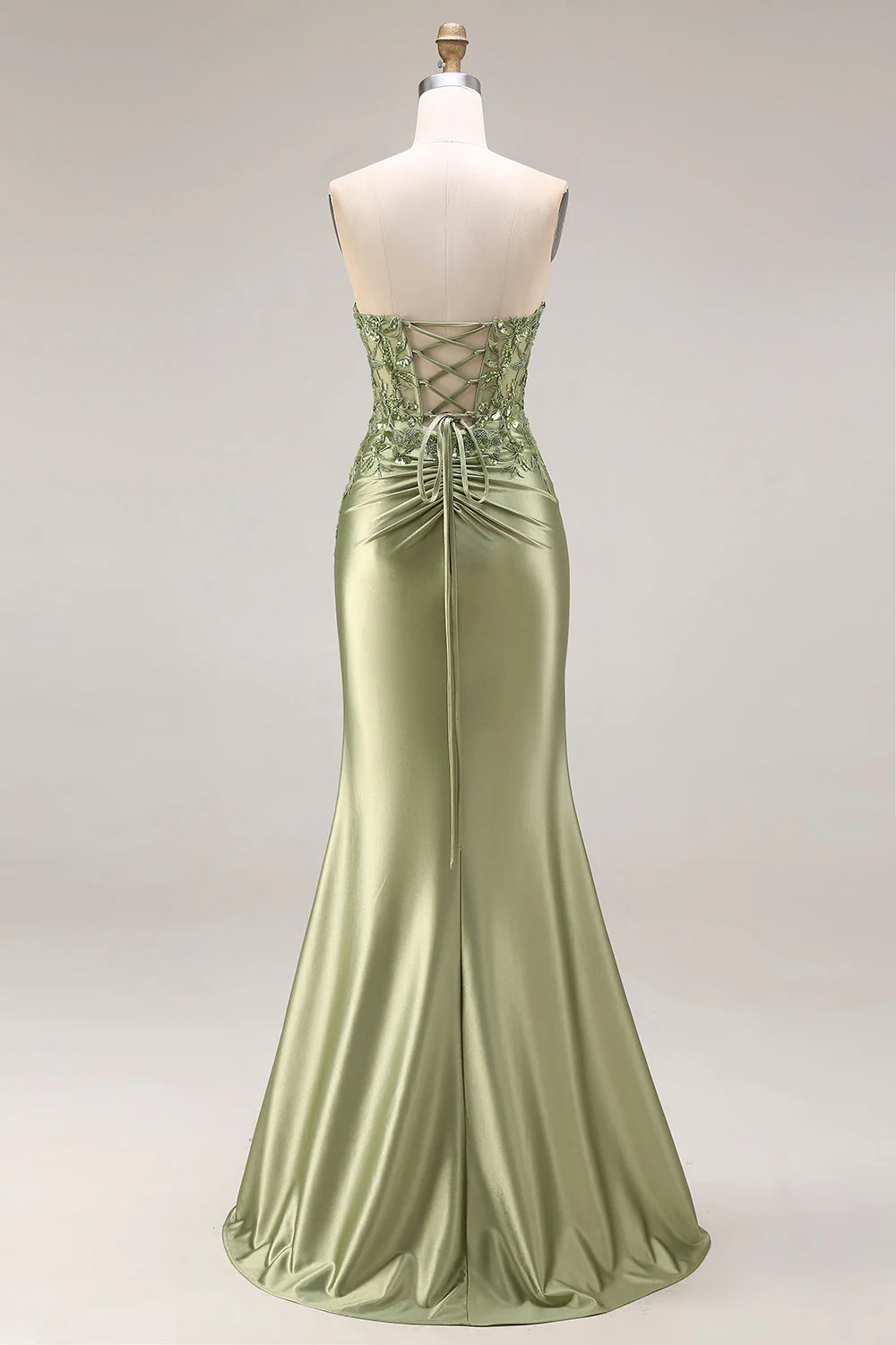 Dark Green Strapless Mermaid Long Satin Prom Dress with Slit - Image 14