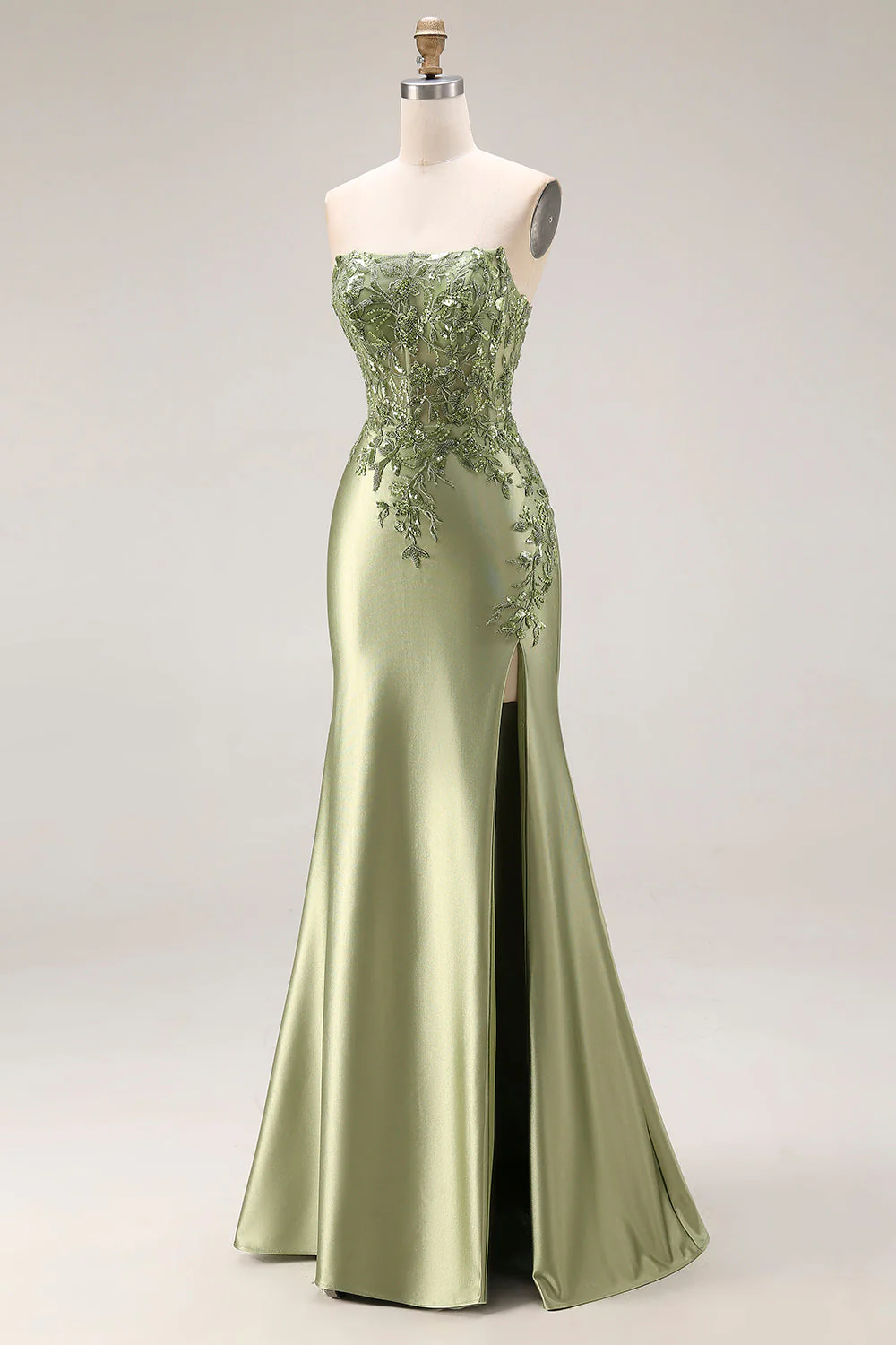Dark Green Strapless Mermaid Long Satin Prom Dress with Slit - Image 15