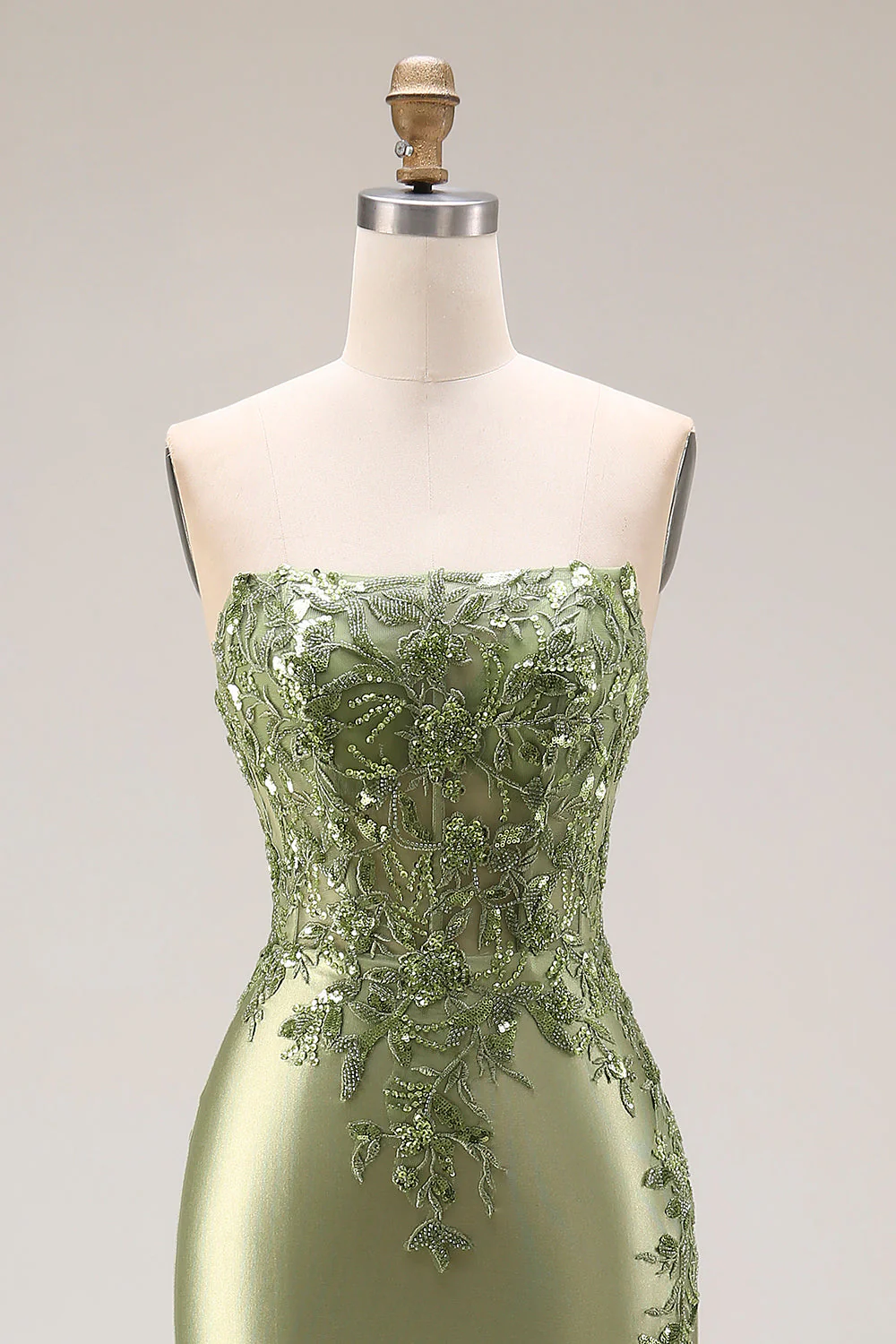 Dark Green Strapless Mermaid Long Satin Prom Dress with Slit - Image 16