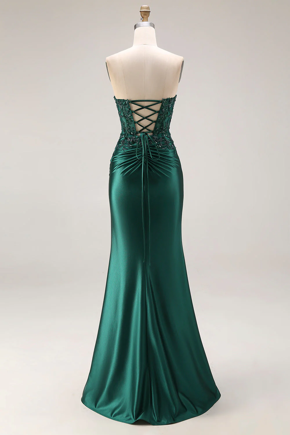 Dark Green Strapless Mermaid Long Satin Prom Dress with Slit - Image 2