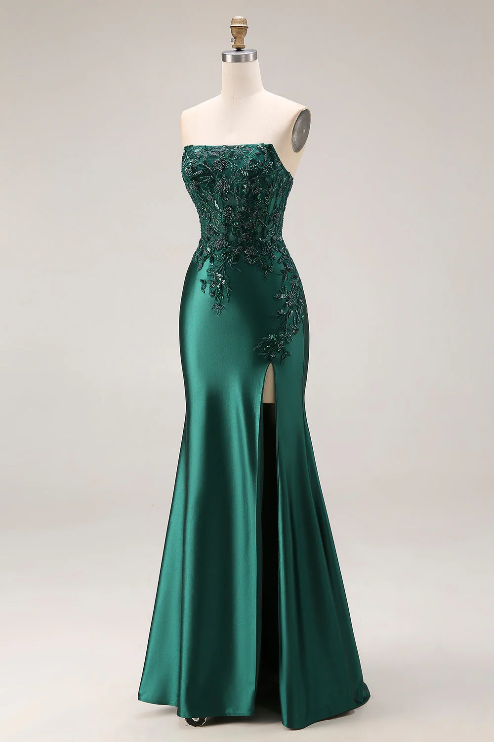 Dark Green Strapless Mermaid Long Satin Prom Dress with Slit - Image 3