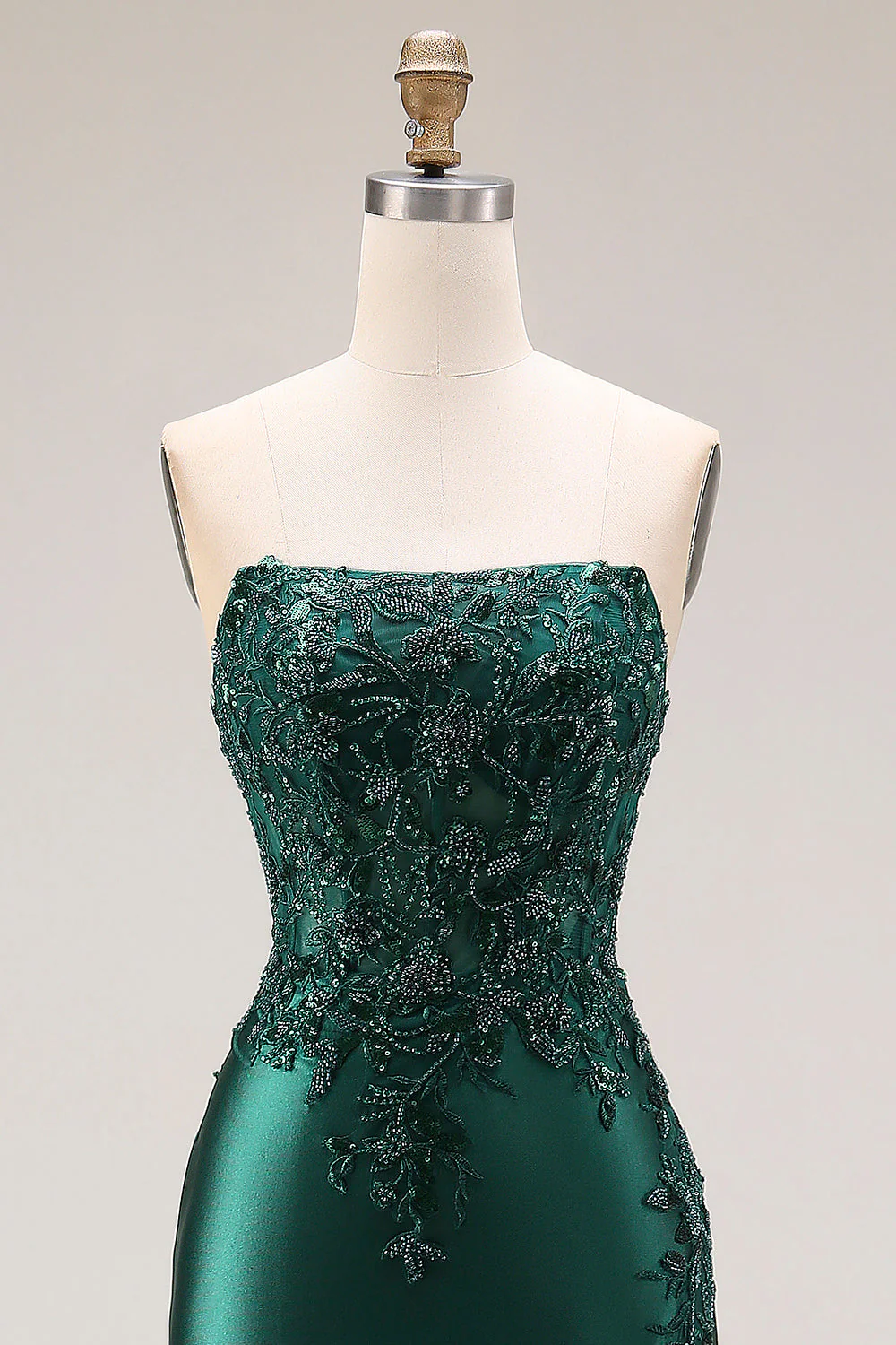 Dark Green Strapless Mermaid Long Satin Prom Dress with Slit - Image 4