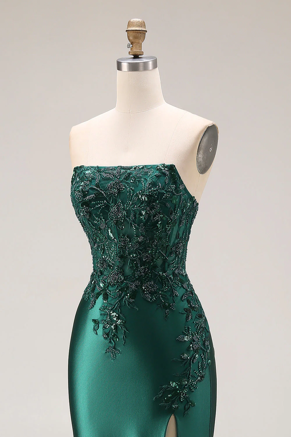 Dark Green Strapless Mermaid Long Satin Prom Dress with Slit - Image 6