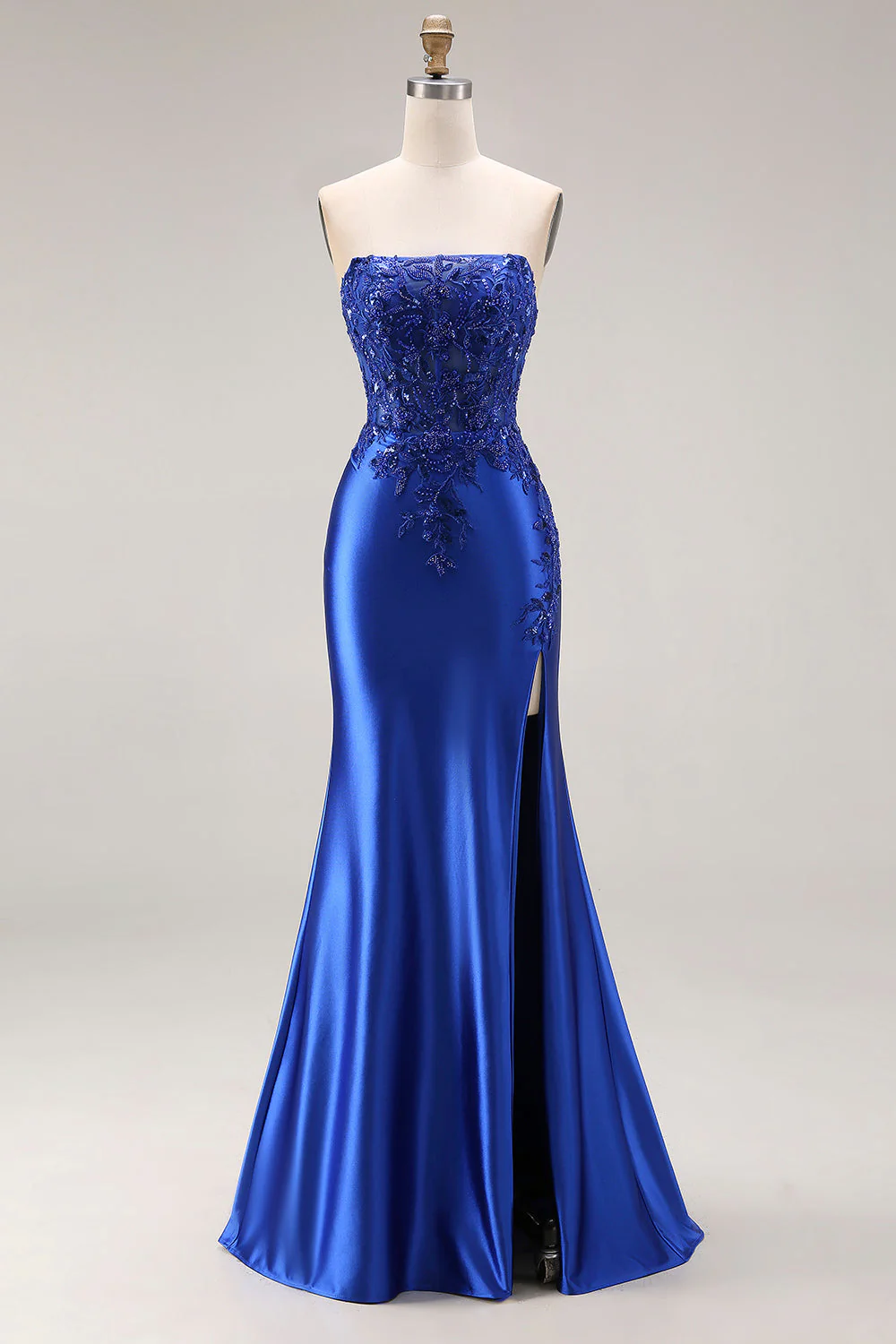 Dark Green Strapless Mermaid Long Satin Prom Dress with Slit - Image 7