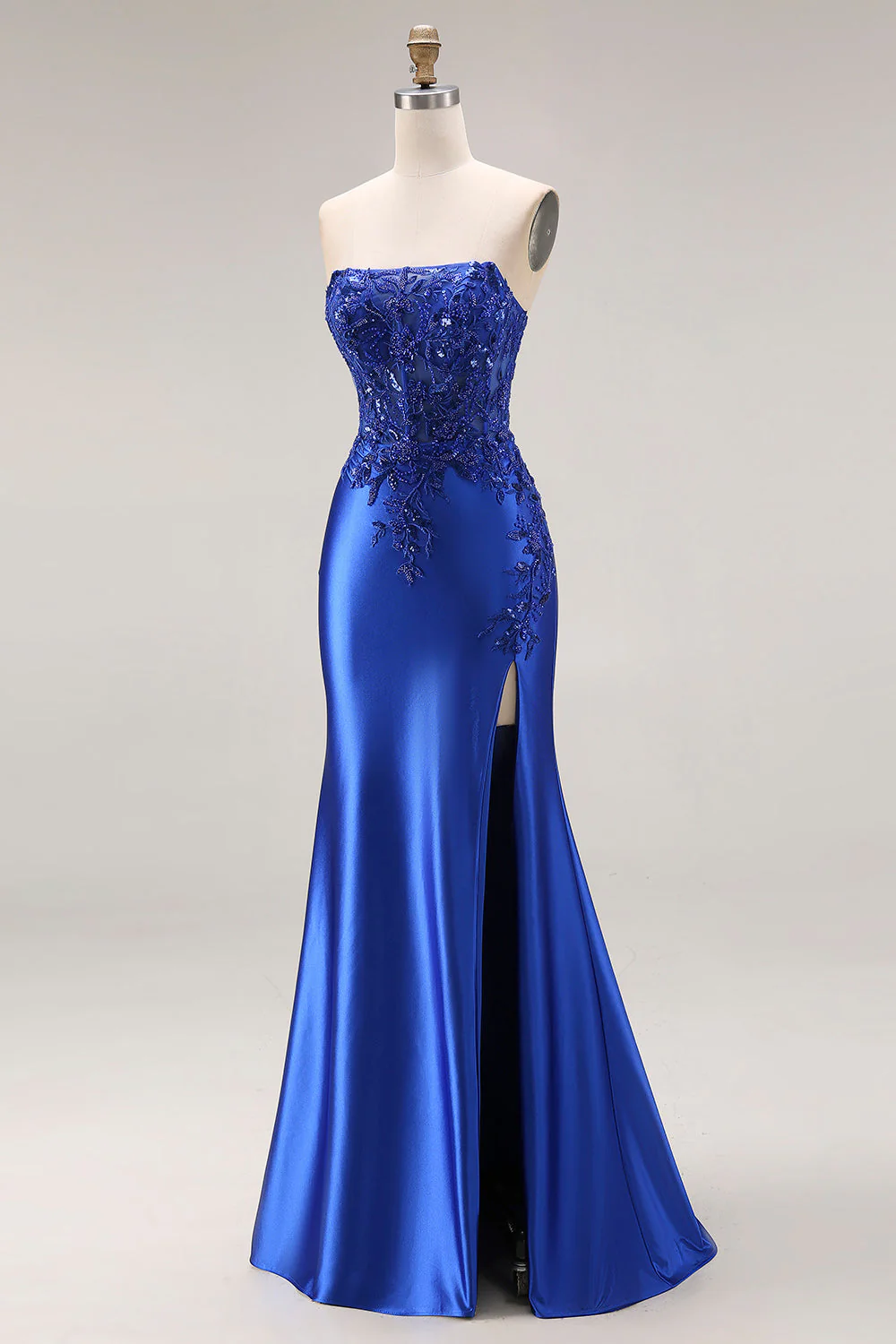 Dark Green Strapless Mermaid Long Satin Prom Dress with Slit - Image 9
