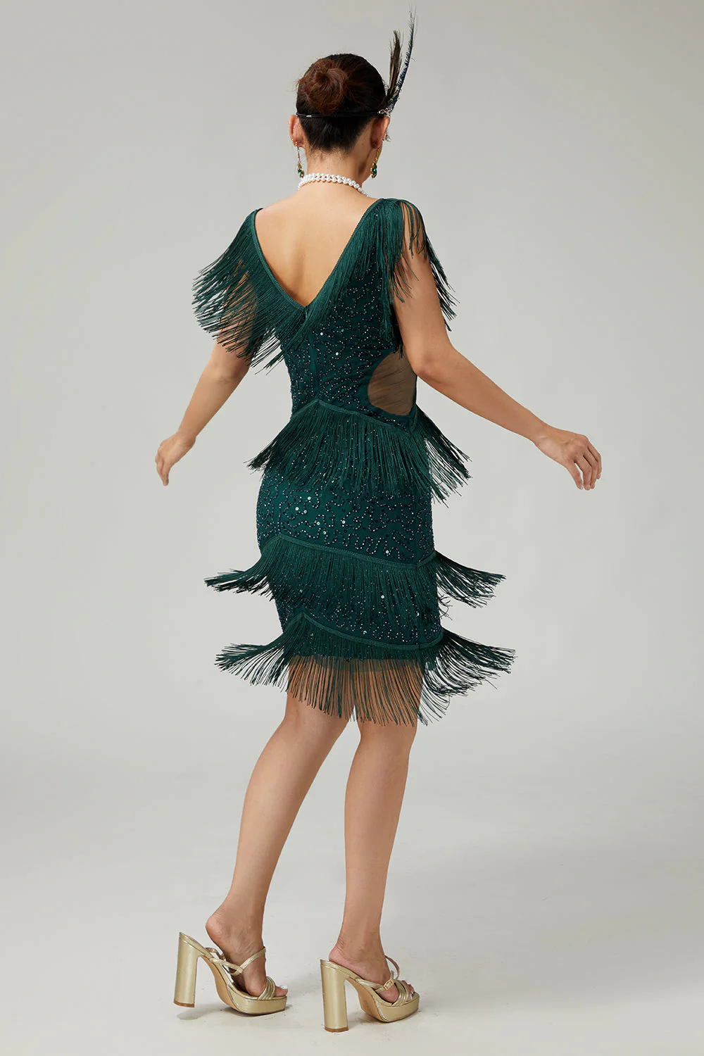 Dark Green Sequin Bodycon Tiered Fringed 1920s Dress with With 5-Piece Accessories Set - Image 2