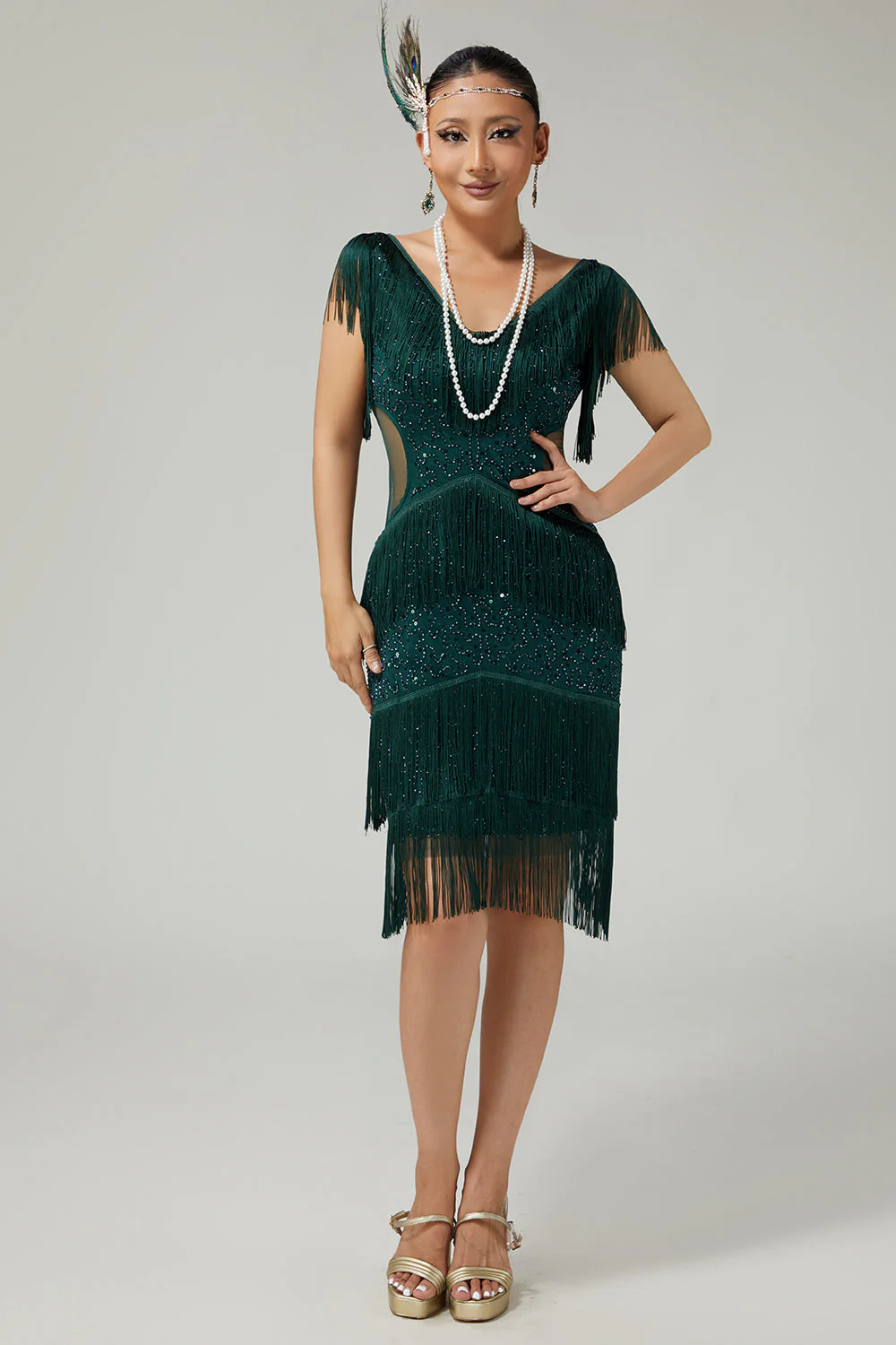 Dark Green Sequin Bodycon Tiered Fringed 1920s Dress with With 5-Piece Accessories Set - Image 5