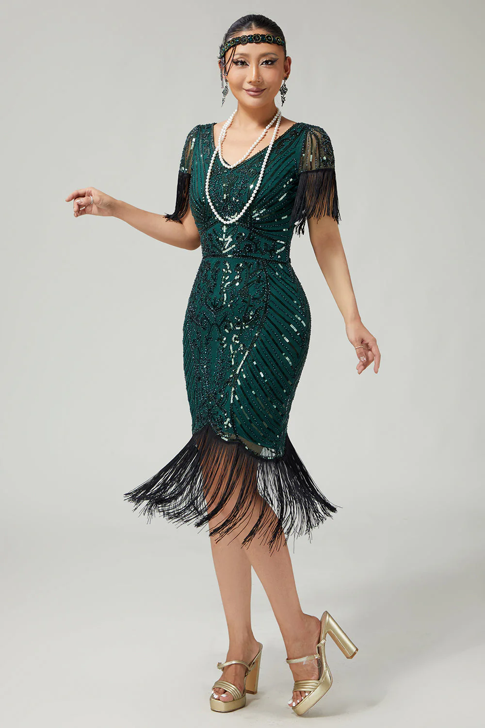 Dark Green Sequin Fringed Bodycon 1920s Dress with 5-Piece Accessories Set - Image 6