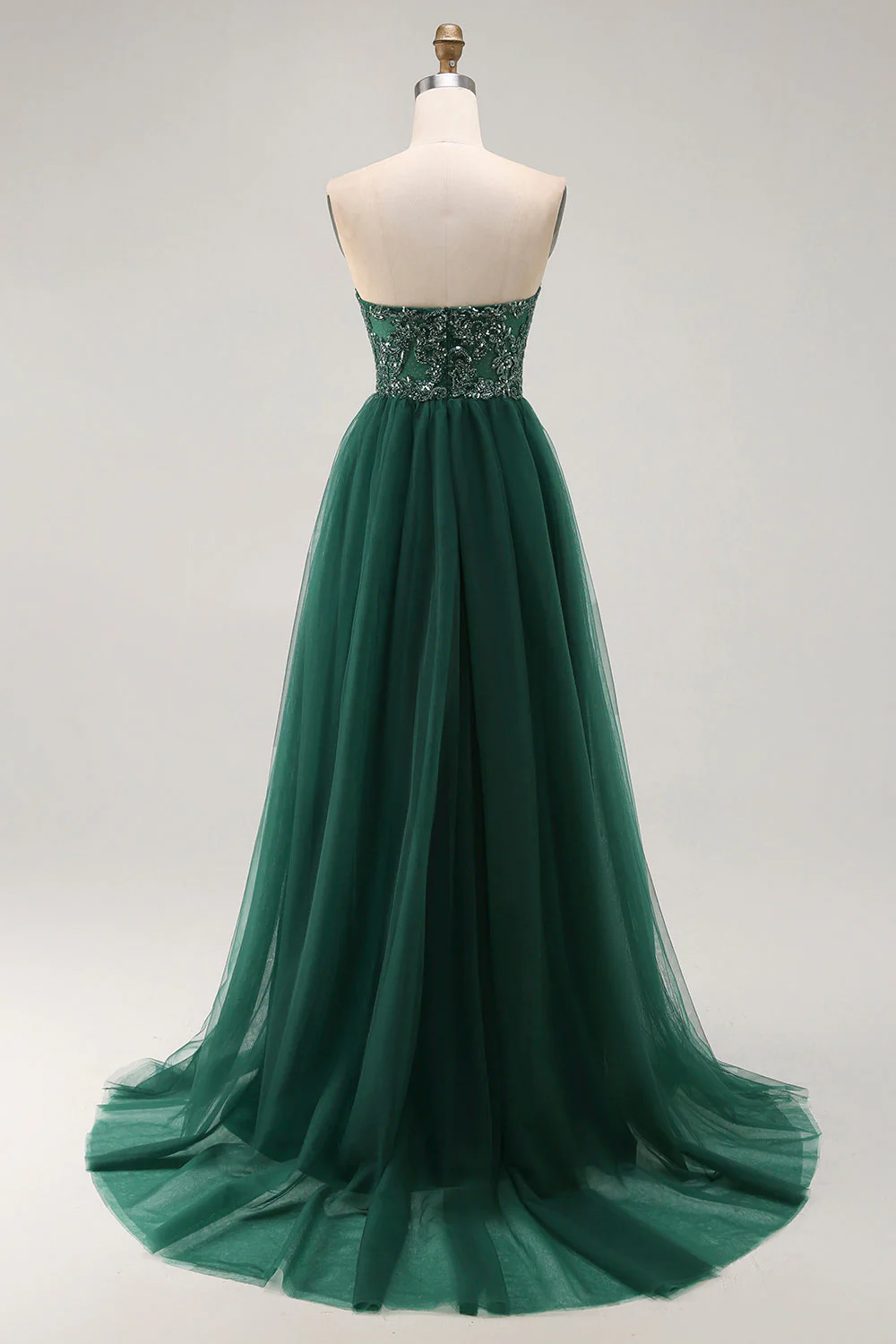 Dark Green Sequin Strapless A Line Long Prom Dress - Image 2