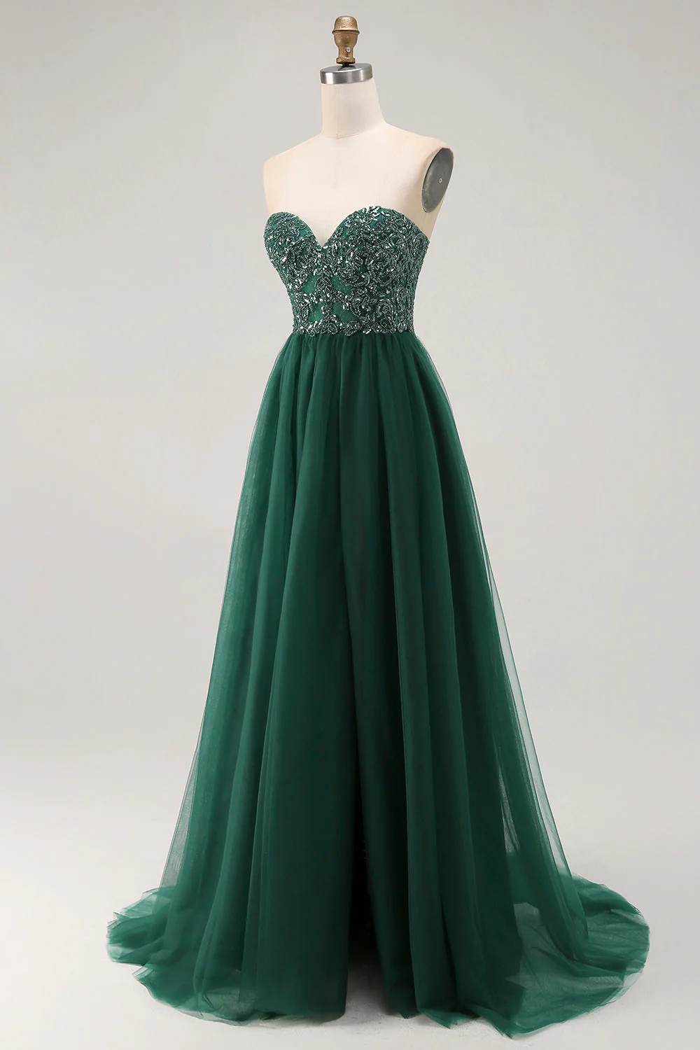 Dark Green Sequin Strapless A Line Long Prom Dress - Image 3