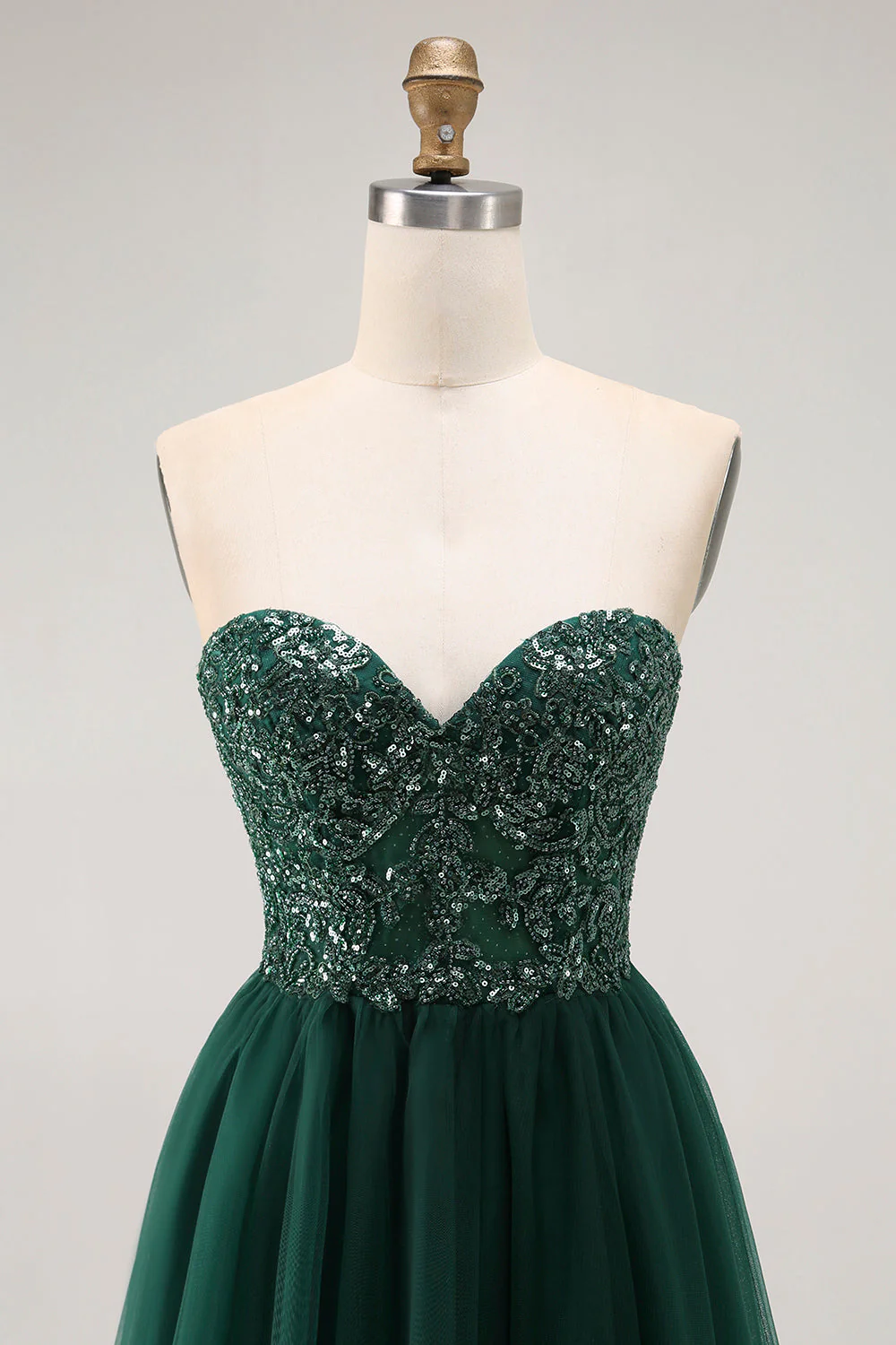 Dark Green Sequin Strapless A Line Long Prom Dress - Image 4