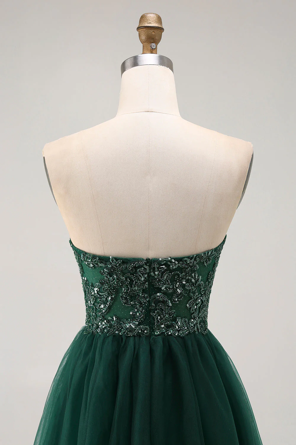 Dark Green Sequin Strapless A Line Long Prom Dress - Image 5