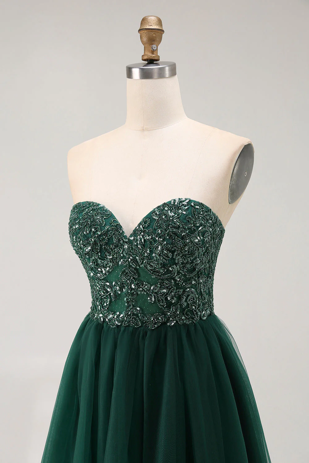 Dark Green Sequin Strapless A Line Long Prom Dress - Image 6