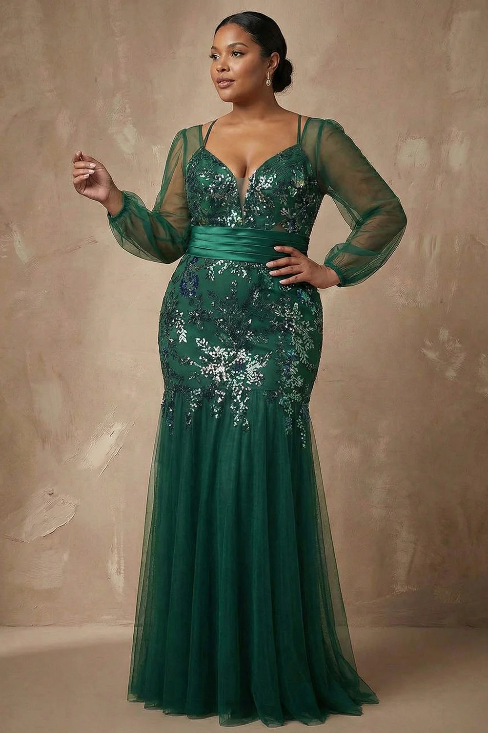 Dark Green Sequins Mermaid Long Sleeves Mother of the Bride Dress - Image 2