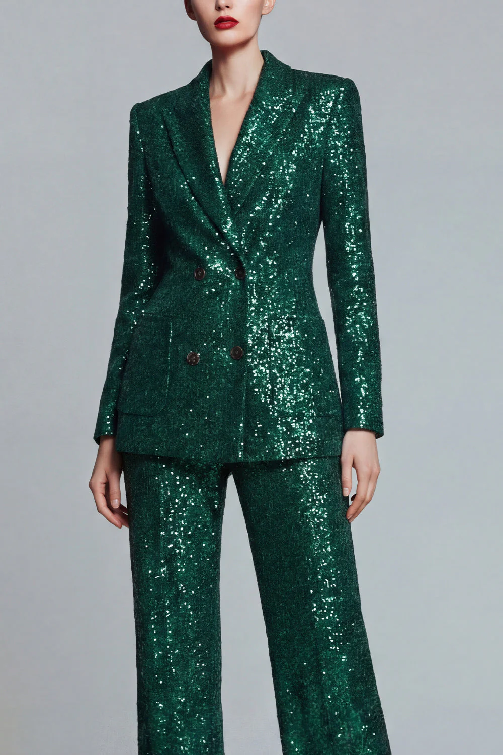 Dark Green Sequins Peak Lapel 2 Piece Double Breasted Women's Prom Suits - Image 3