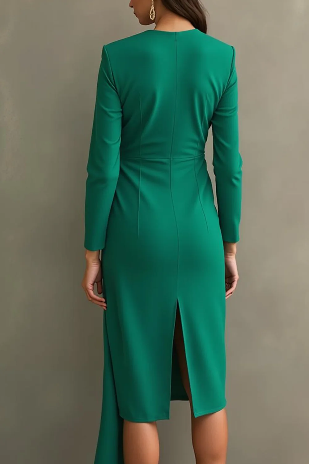 Dark Green Sheath Midi Formal Dress with Long Sleeves - Image 2