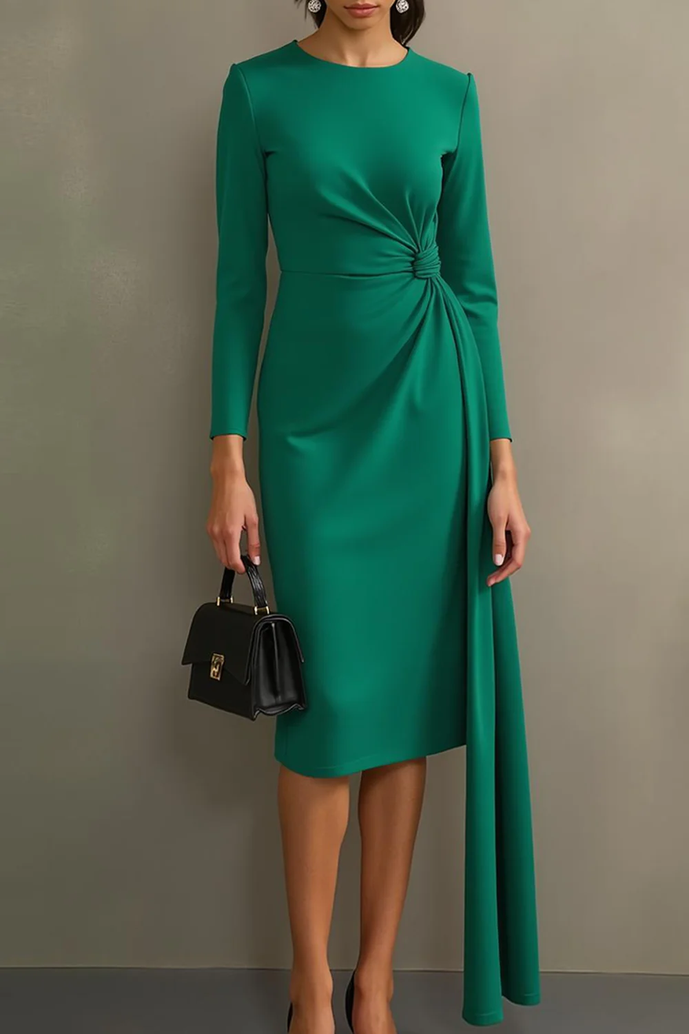Dark Green Sheath Midi Formal Dress with Long Sleeves - Image 3