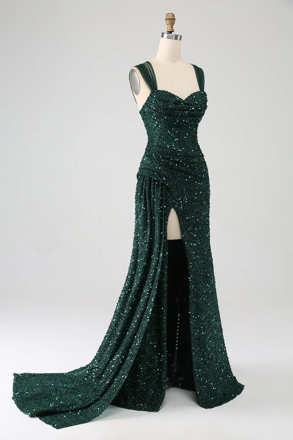 Dark Green Sheath Sparkly Sequin Pleated Long Prom Dress With Thigh Split - Image 3
