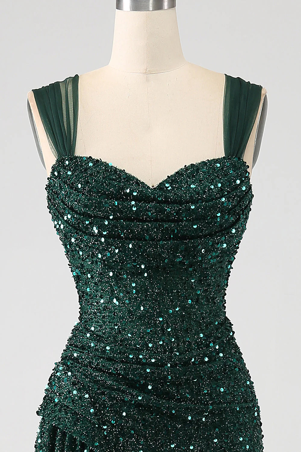 Dark Green Sheath Sparkly Sequin Pleated Long Prom Dress With Thigh Split - Image 4