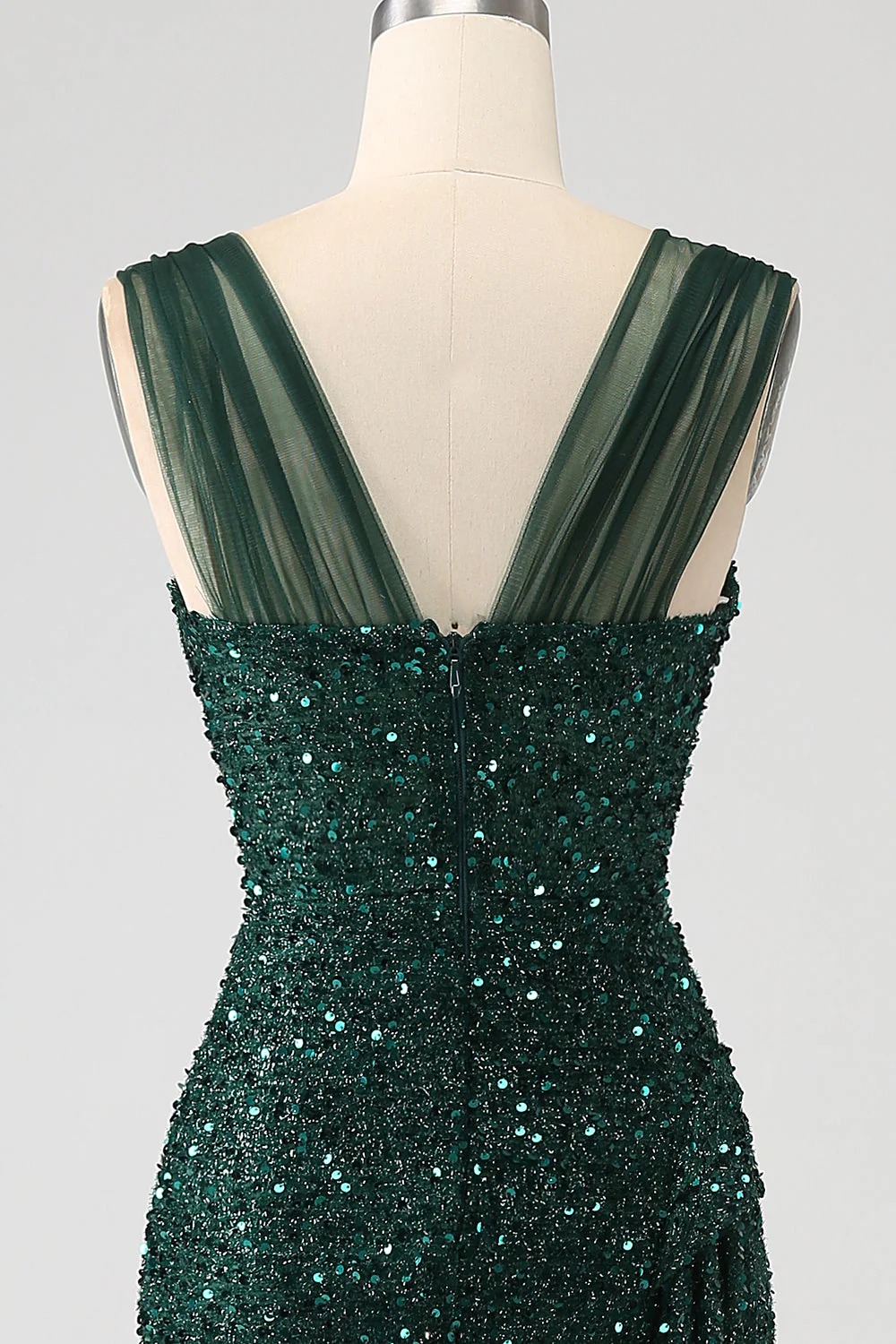 Dark Green Sheath Sparkly Sequin Pleated Long Prom Dress With Thigh Split - Image 5