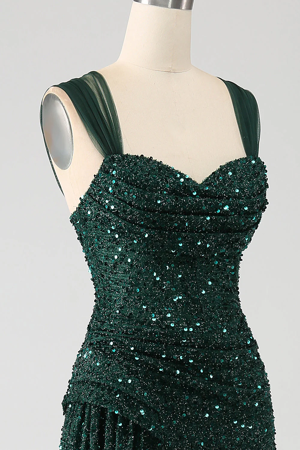 Dark Green Sheath Sparkly Sequin Pleated Long Prom Dress With Thigh Split - Image 6
