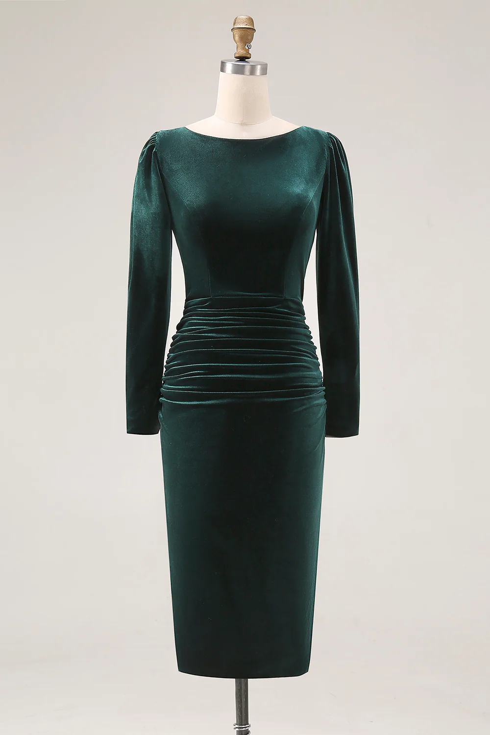 Dark Green Sheath Velvet Long Sleeve Midi Work Dress - Image 3