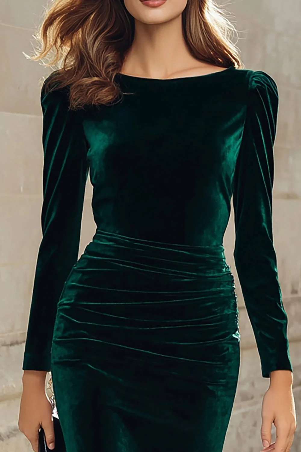 Dark Green Sheath Velvet Long Sleeve Midi Work Dress - Image 5