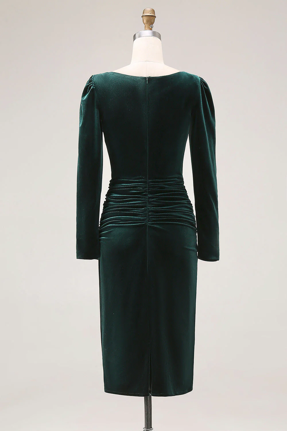 Dark Green Sheath Velvet Ruched Midi Work Dress with Long Sleeve - Image 3