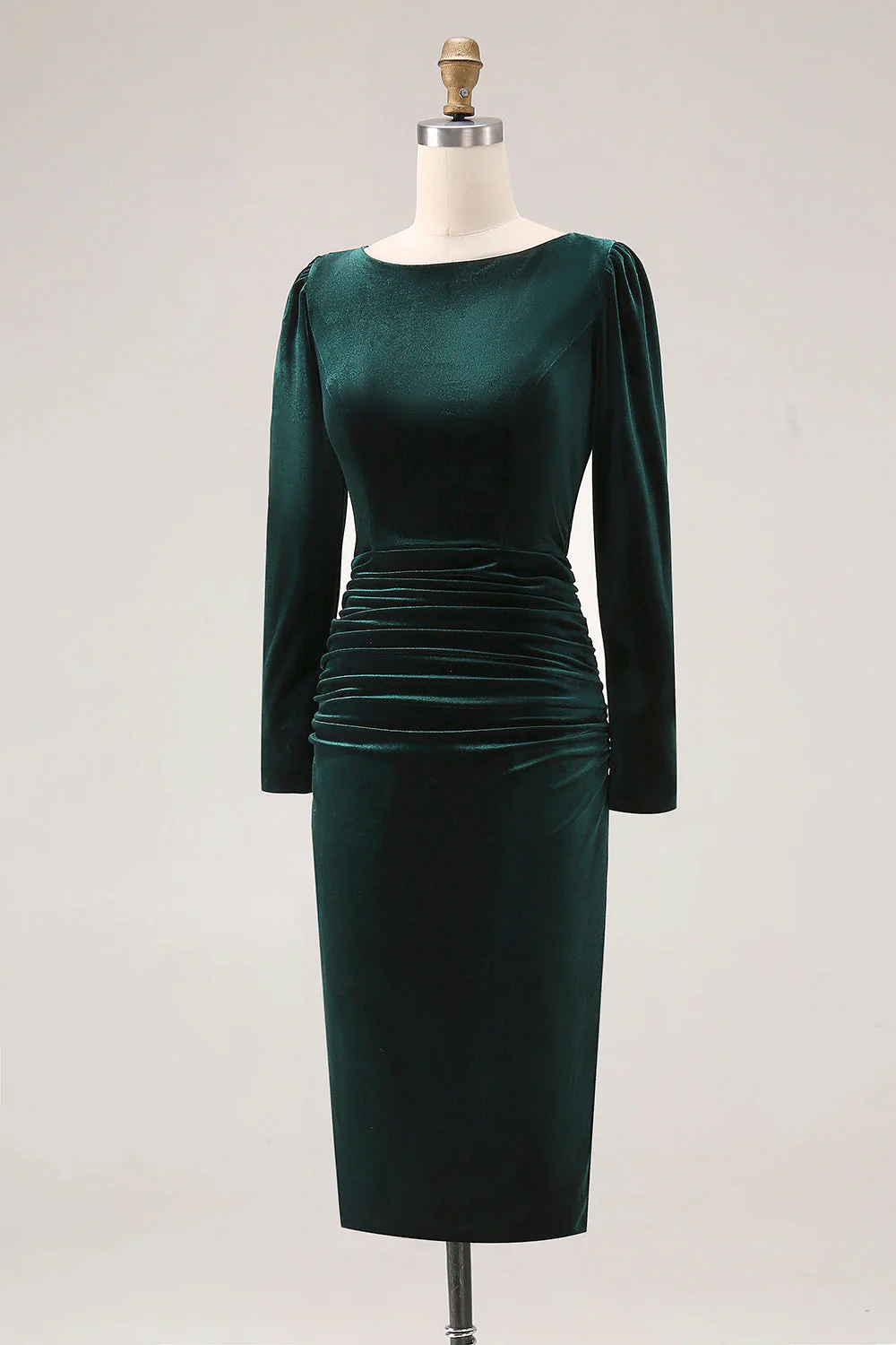 Dark Green Sheath Velvet Ruched Midi Work Dress with Long Sleeve - Image 5