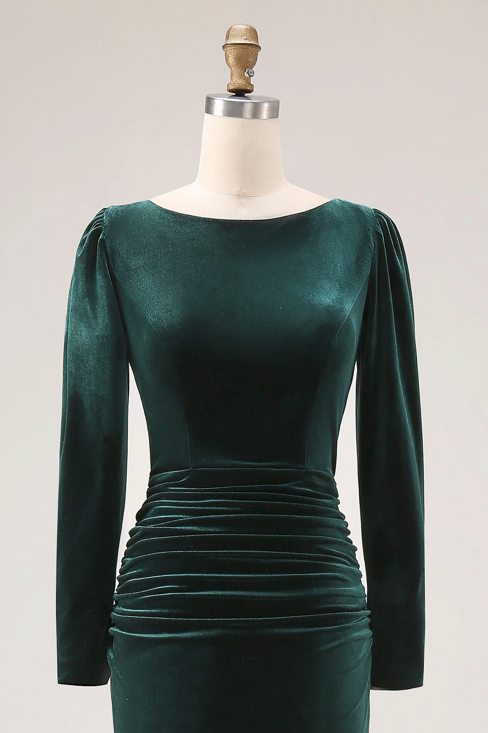 Dark Green Sheath Velvet Ruched Midi Work Dress with Long Sleeve - Image 6