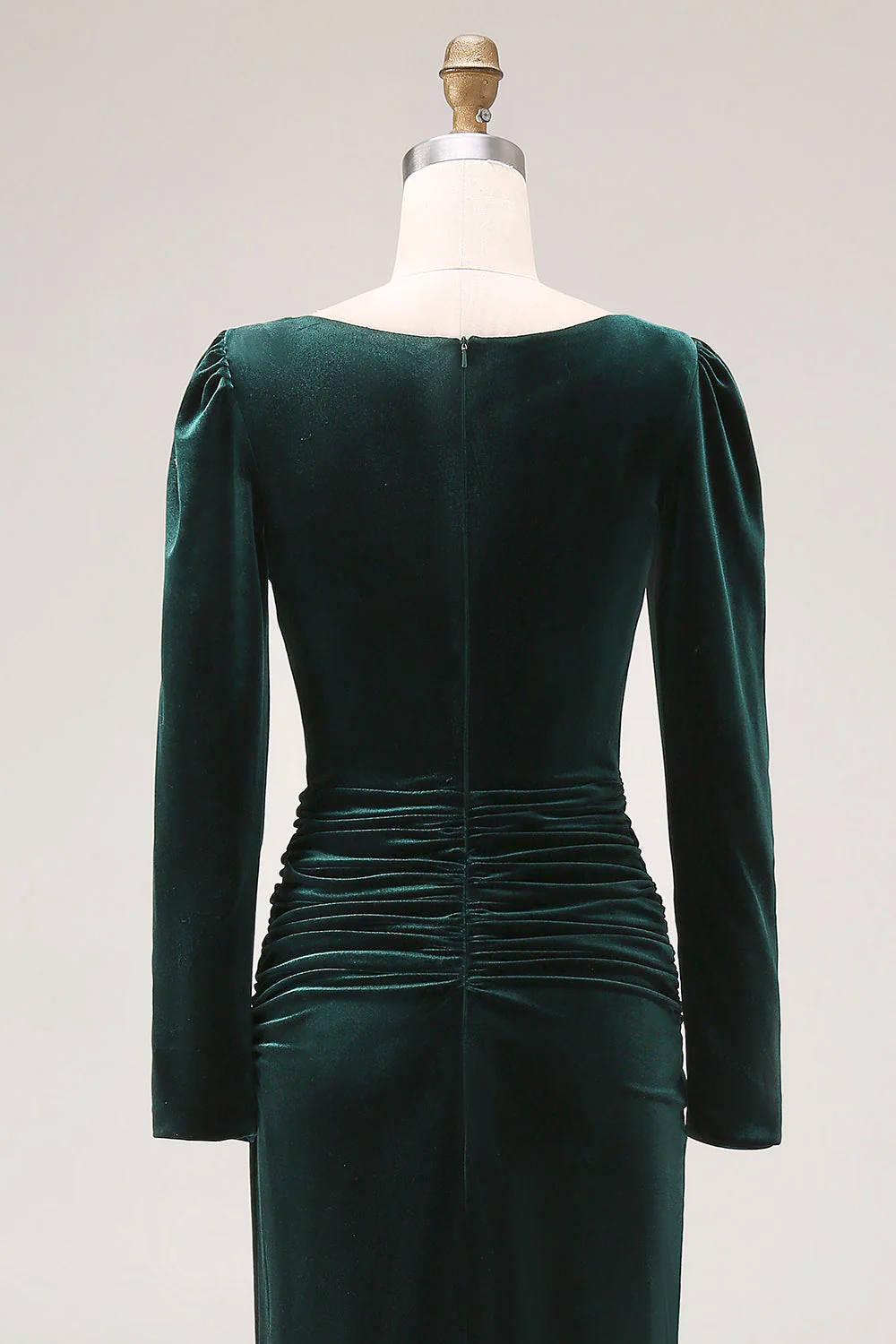 Dark Green Sheath Velvet Ruched Midi Work Dress with Long Sleeve - Image 7