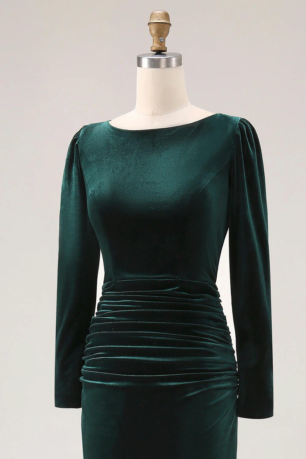 Dark Green Sheath Velvet Ruched Midi Work Dress with Long Sleeve - Image 8