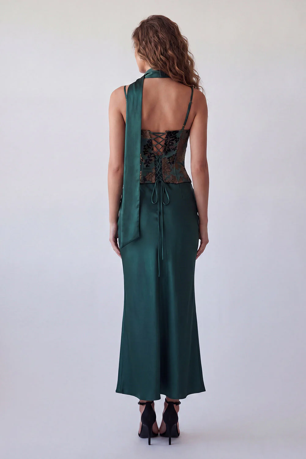 Dark Green Mermaid Spaghetti Straps Maxi Dress with a Neck Scarf - Image 2