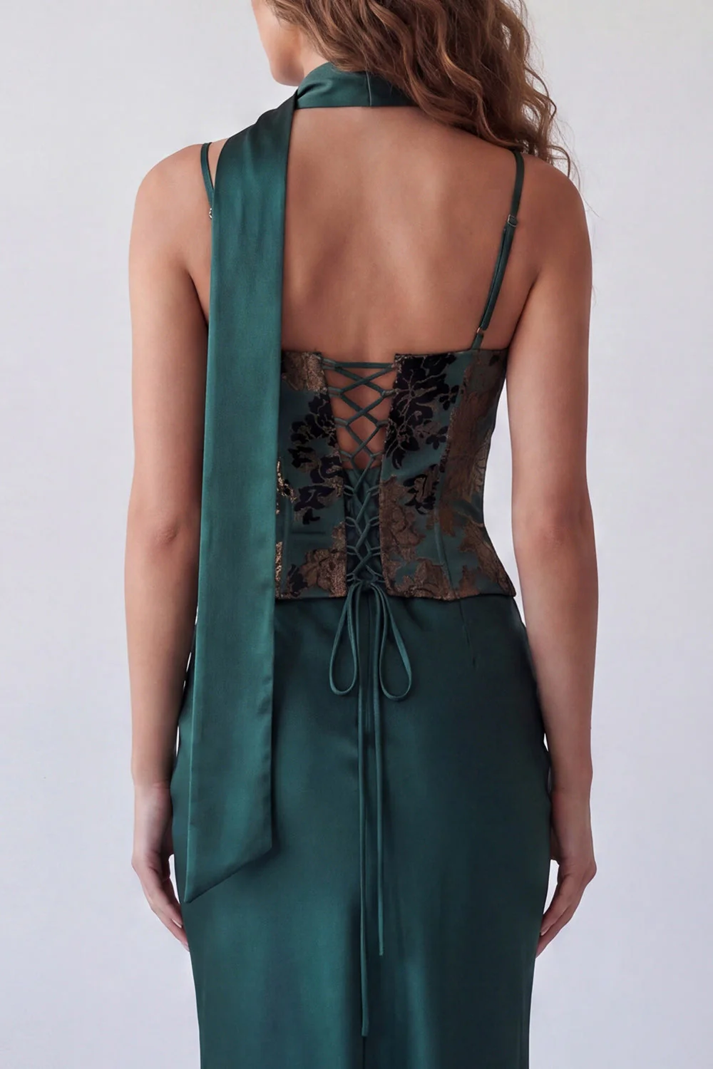 Dark Green Mermaid Spaghetti Straps Maxi Dress with a Neck Scarf - Image 3